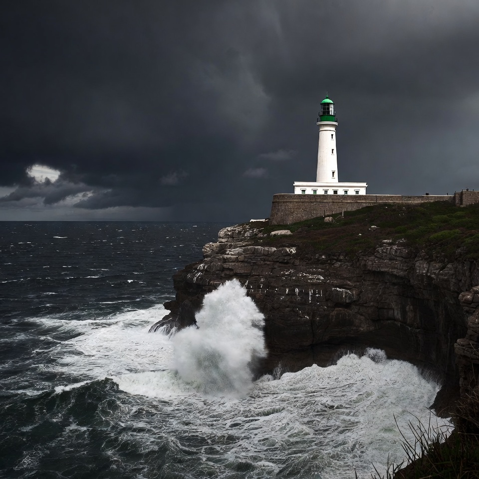 White Lighthouse on Cliff in Stormy Sea White Lighthouse on Cliff in Stormy Sea