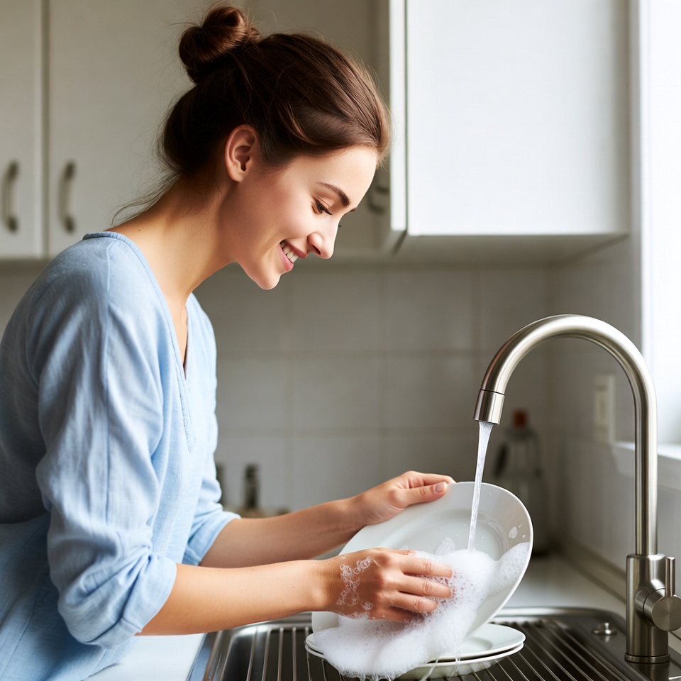 Woman washing dishes in kitchen Woman washing dishes in kitchen