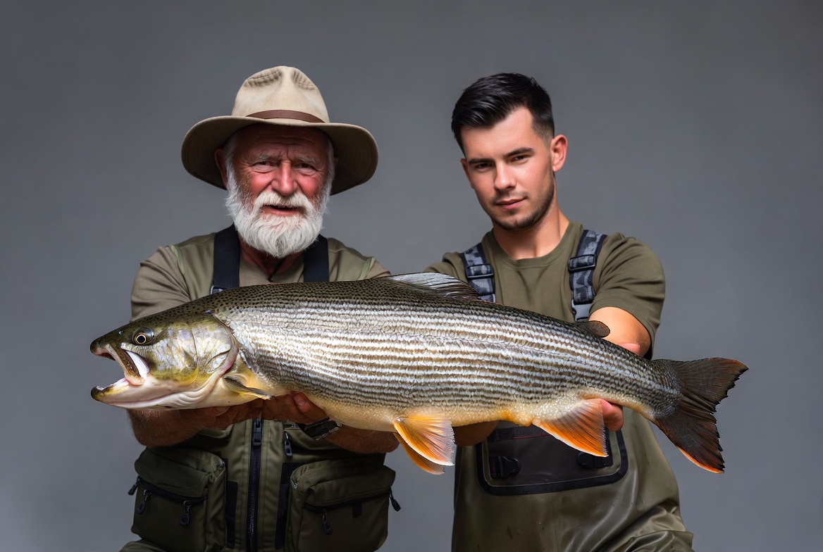 Elderly man and young man holding large fish Elderly man and young man holding large fish