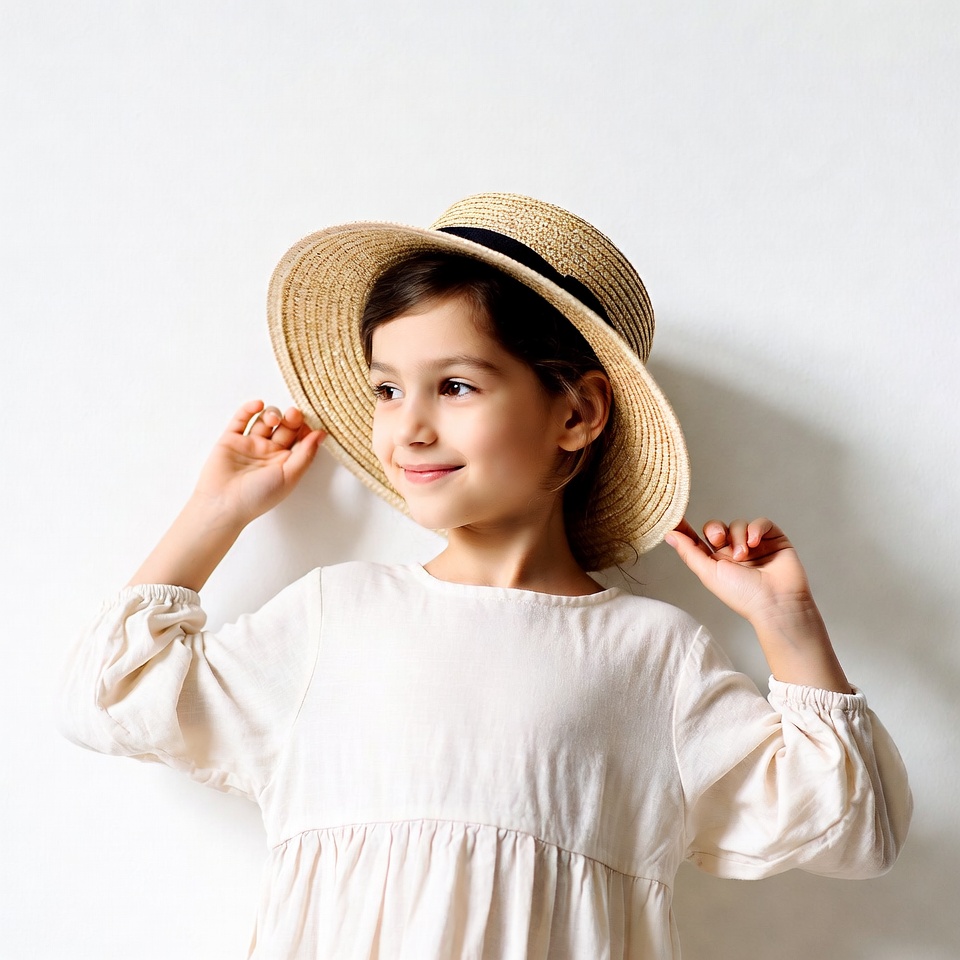 Girl wearing wide-brim straw hat Girl wearing wide-brim straw hat