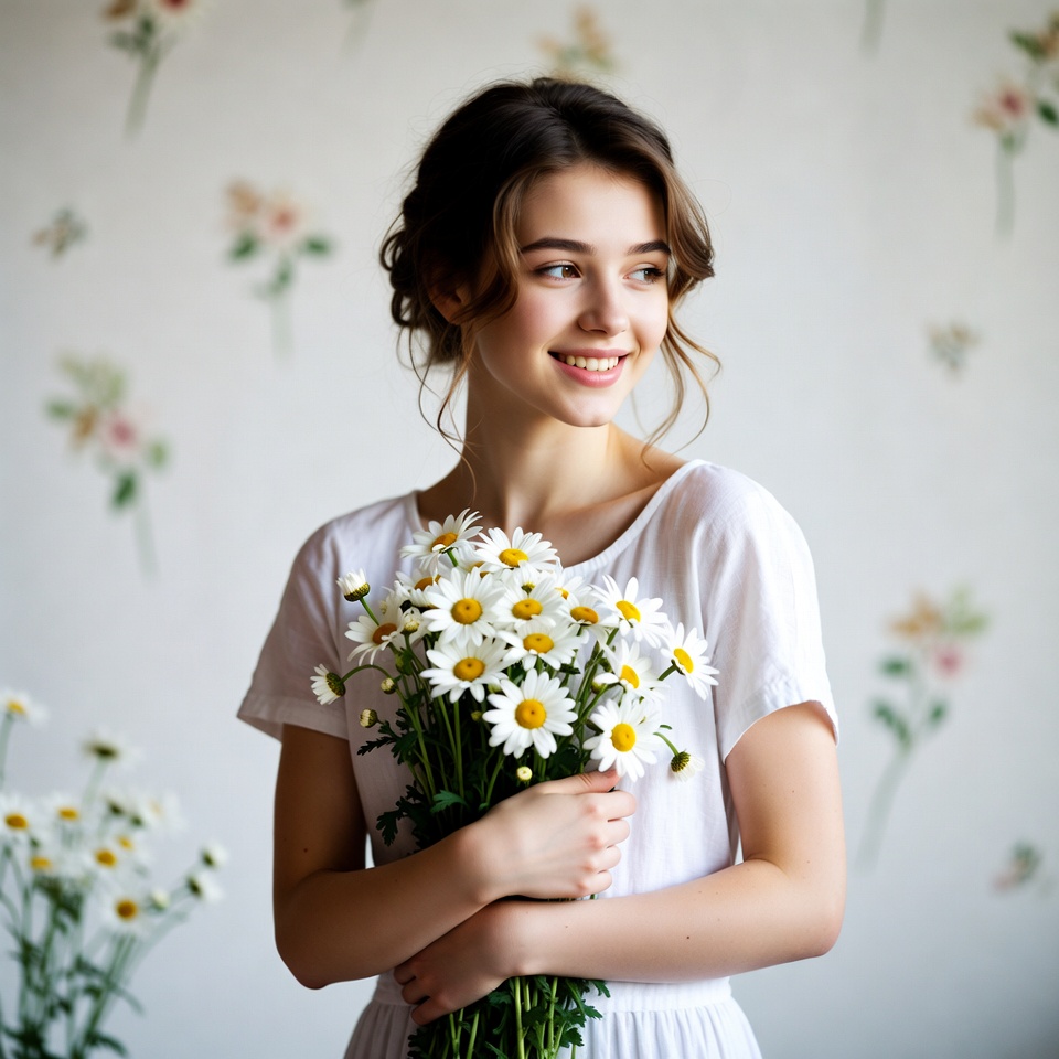 Girl holding white daisies Girl holding white daisies