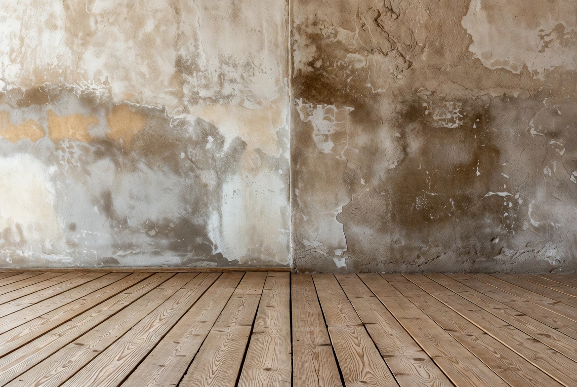 Empty Wooden Floor Room with Peeling Walls Empty Wooden Floor Room with Peeling Walls