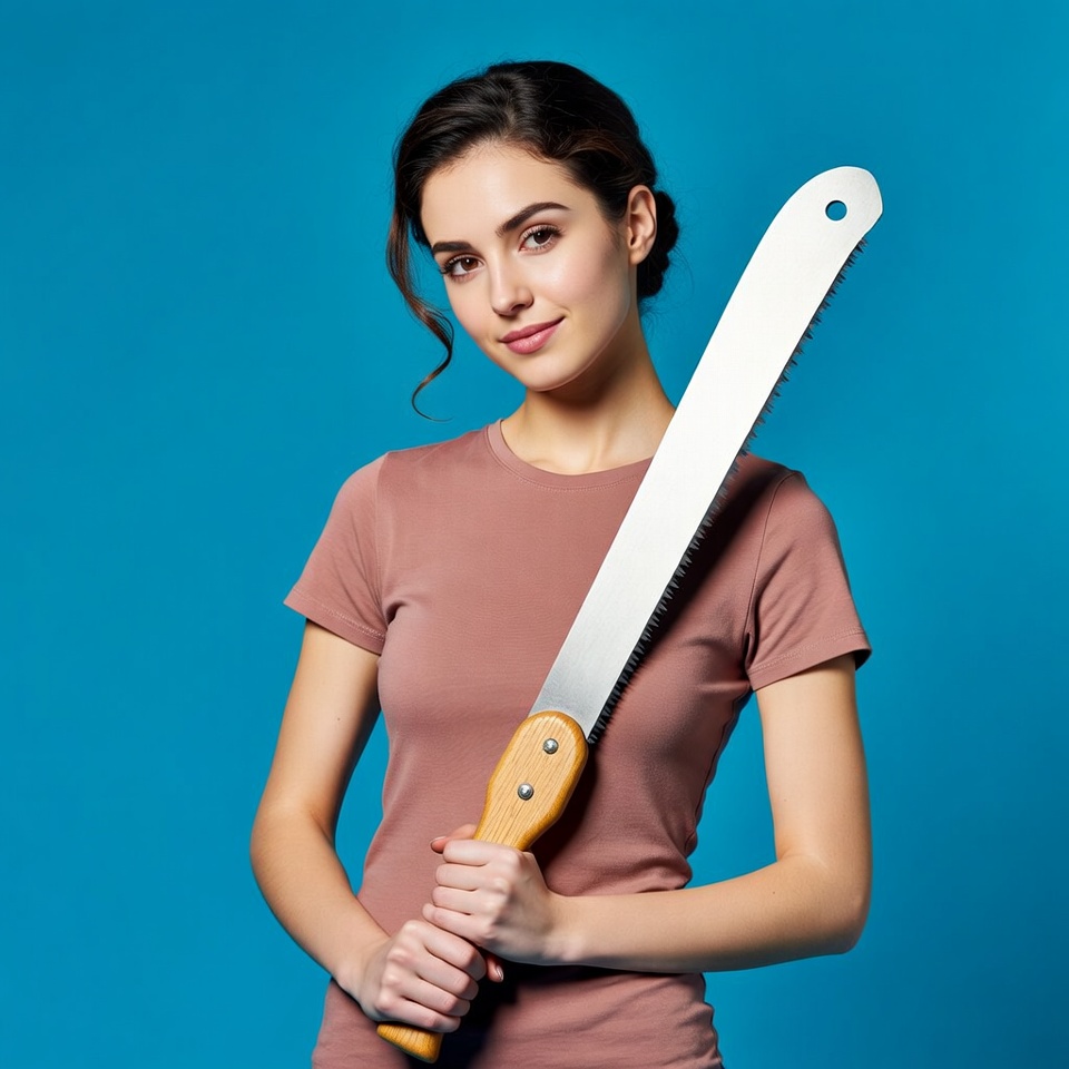 Woman holding large saw Woman holding large saw