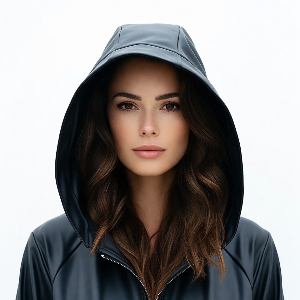 Woman in black leather hoodie Woman in black leather hoodie