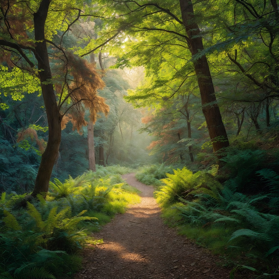Sunlit Forest Path with Ferns Sunlit Forest Path with Ferns