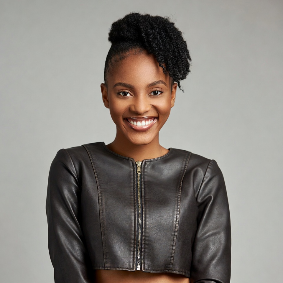 Smiling African-American woman in leather jacket Smiling African-American woman in leather jacket