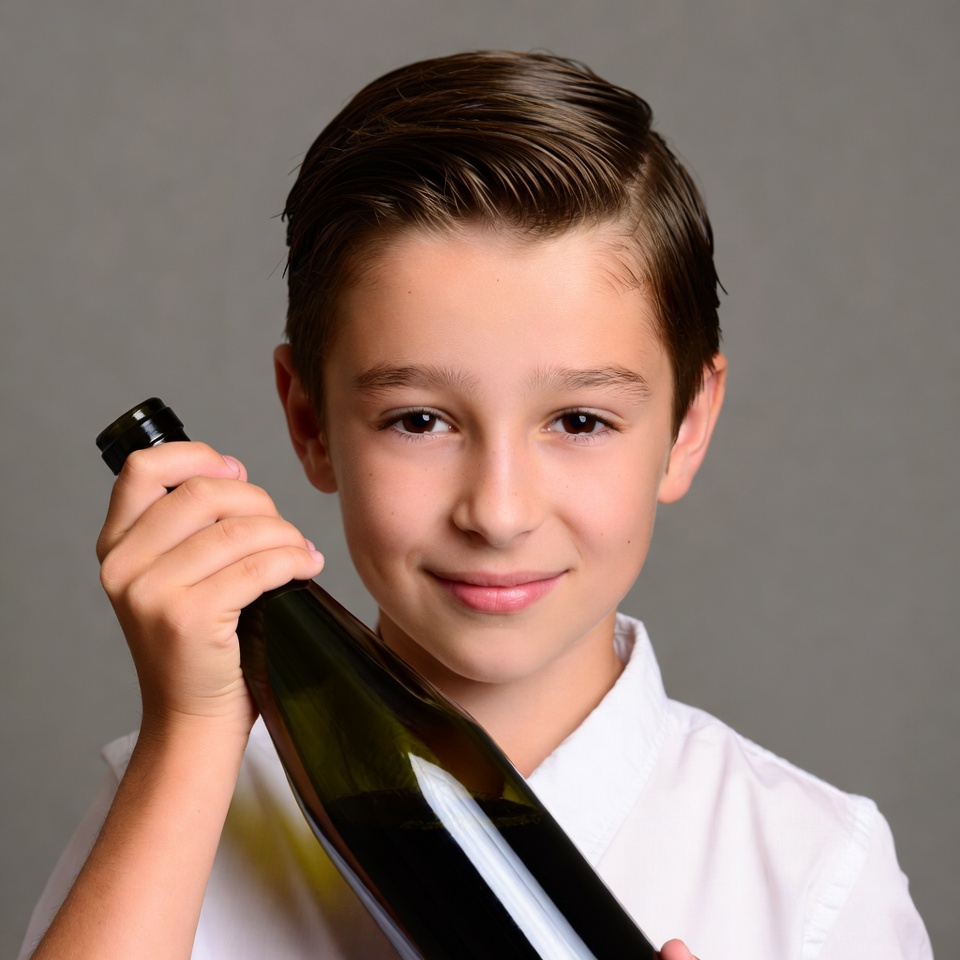 Boy holding green wine bottle Boy holding green wine bottle
