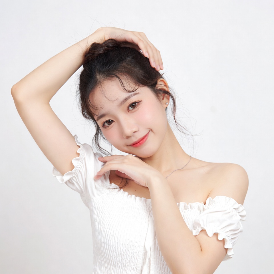 Asian woman posing with hand on hair Asian woman posing with hand on hair