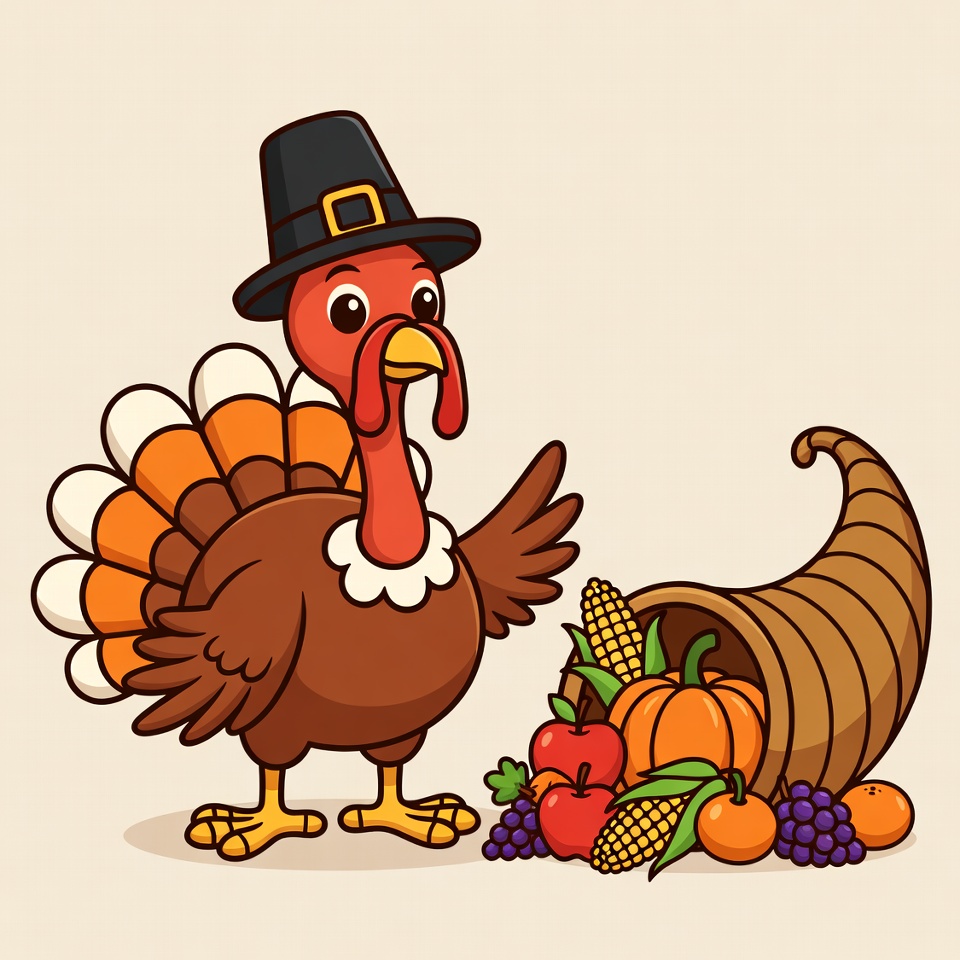 Cartoon Thanksgiving Turkey with Cornucopia Cartoon Thanksgiving Turkey with Cornucopia