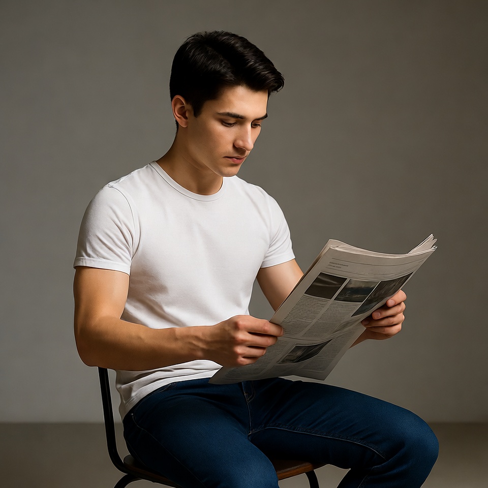 Young man reading newspaper Young man reading newspaper