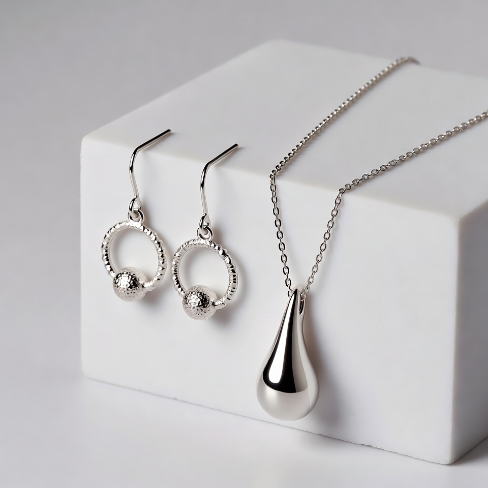 Silver Hoop Earrings and Teardrop Necklace Silver Hoop Earrings and Teardrop Necklace