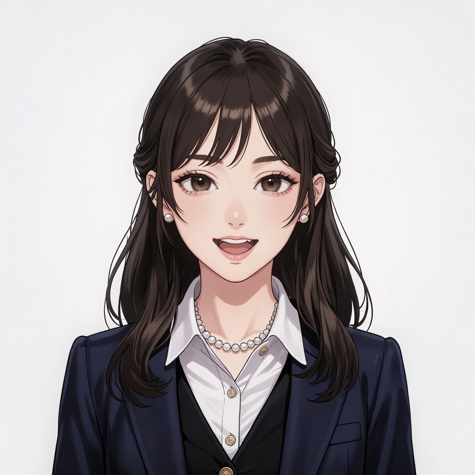 Anime girl smiling in navy suit Anime girl smiling in navy suit
