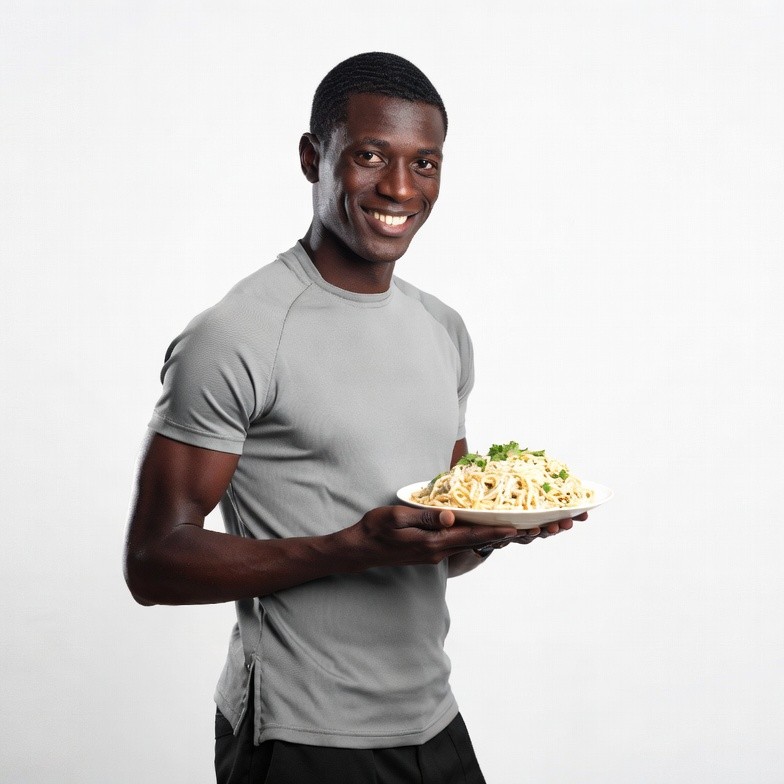 African-American man holding pasta dish African-American man holding pasta dish