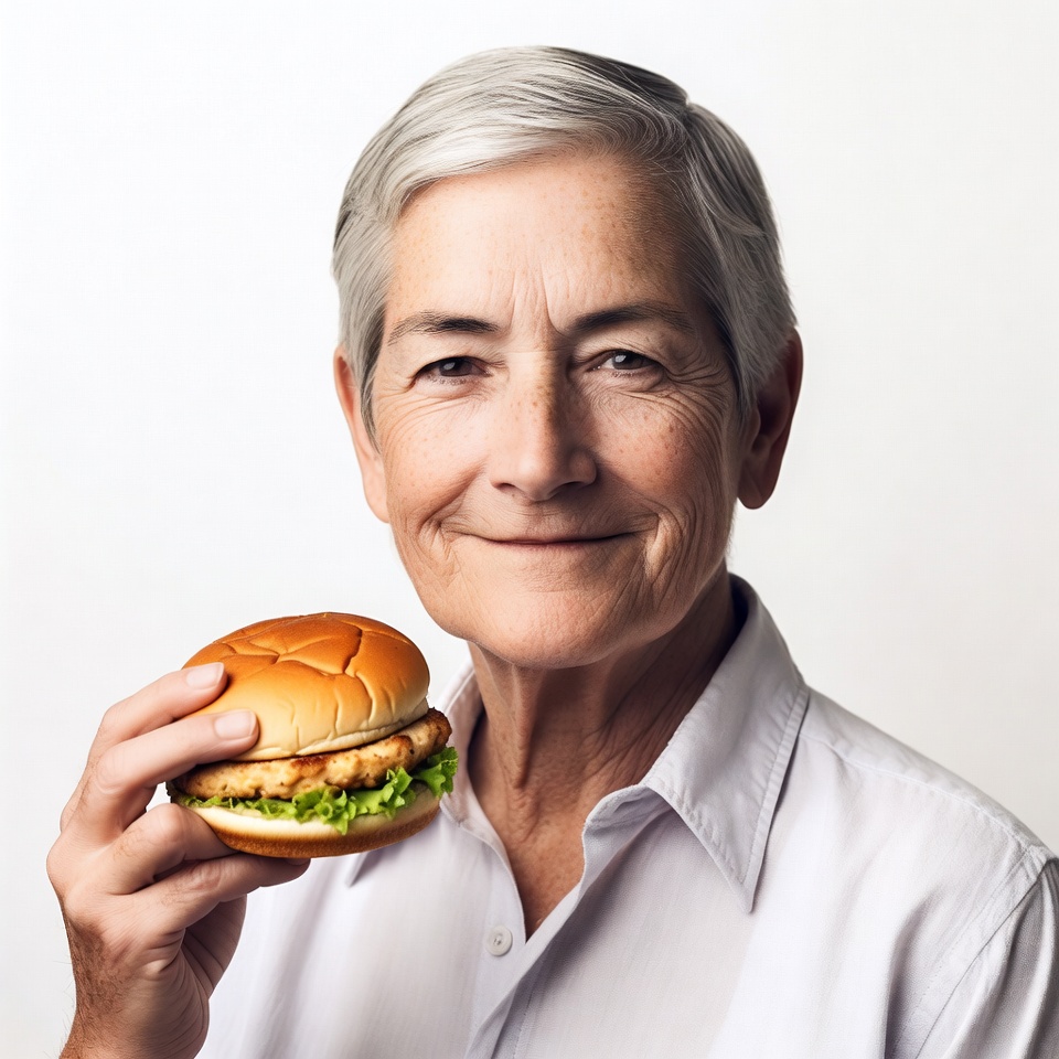 Elderly woman holding chicken burger Elderly woman holding chicken burger