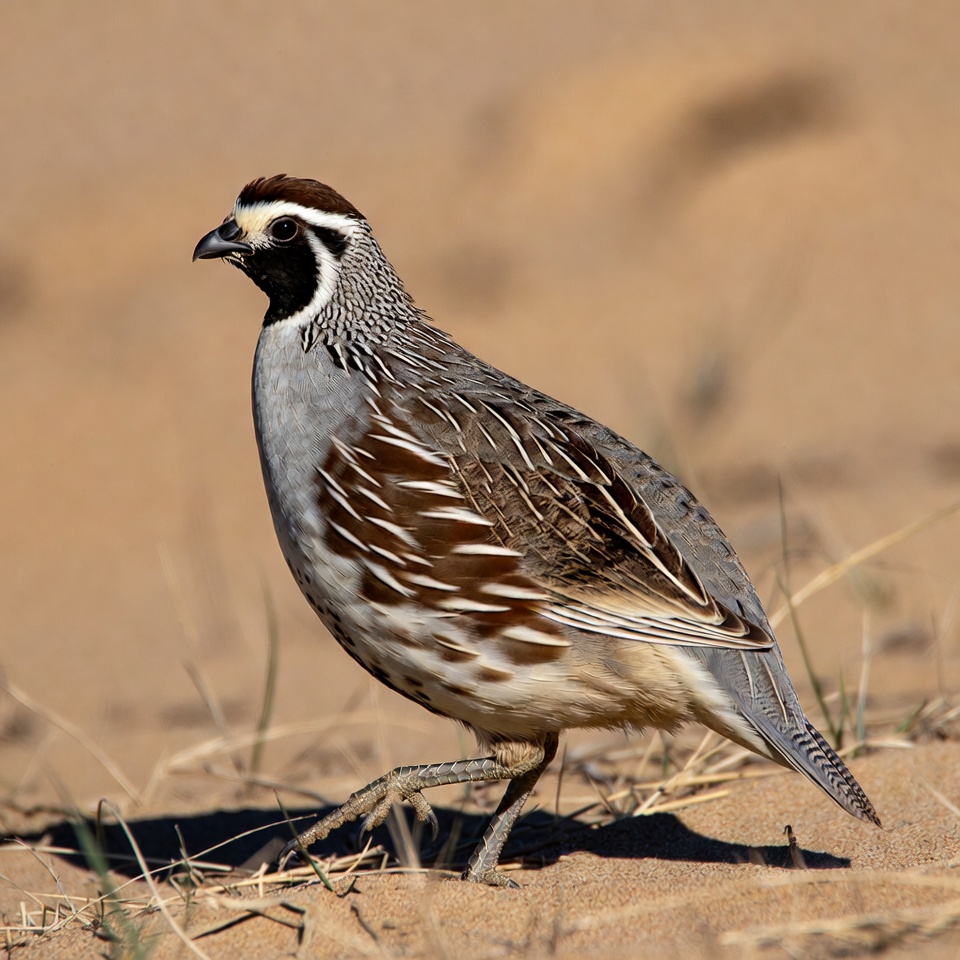 California Quail standing in sand California Quail standing in sand
