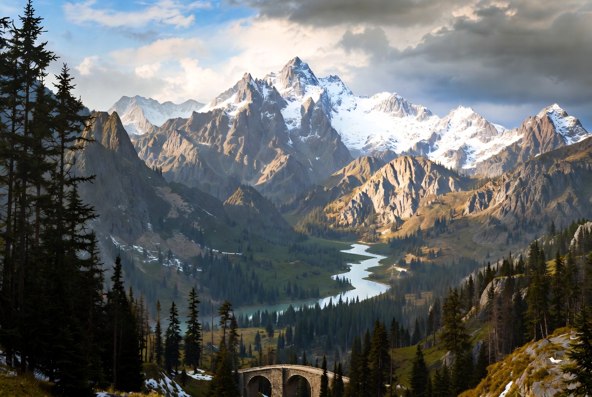 Majestic Snowy Mountains with River and Bridge Majestic Snowy Mountains with River and Bridge