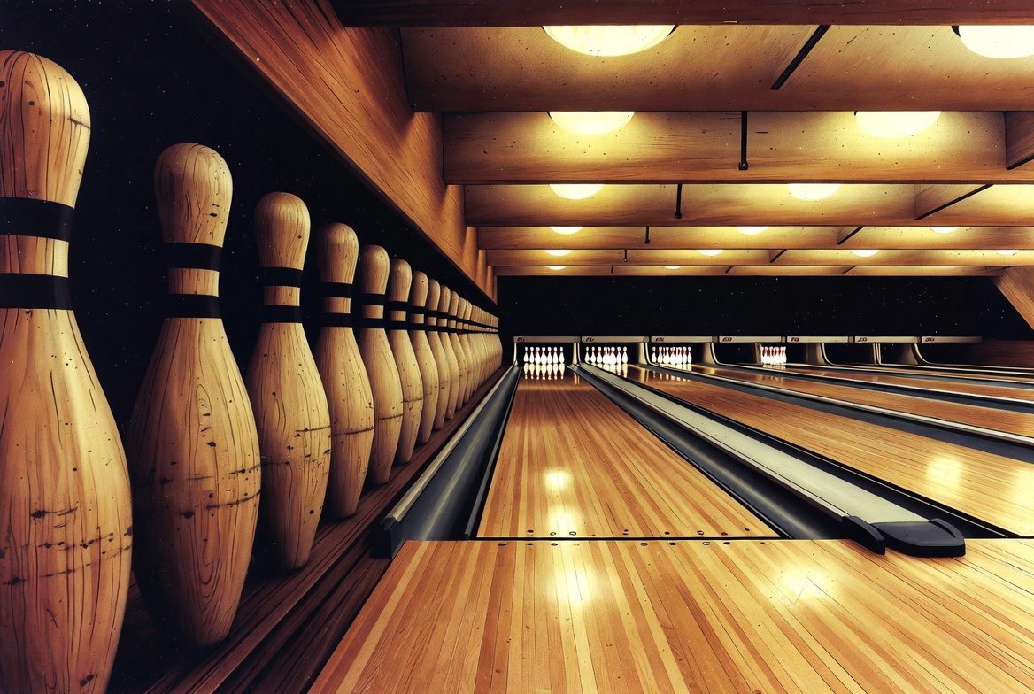 Bowling Pins Lined Up in Alley Bowling Pins Lined Up in Alley