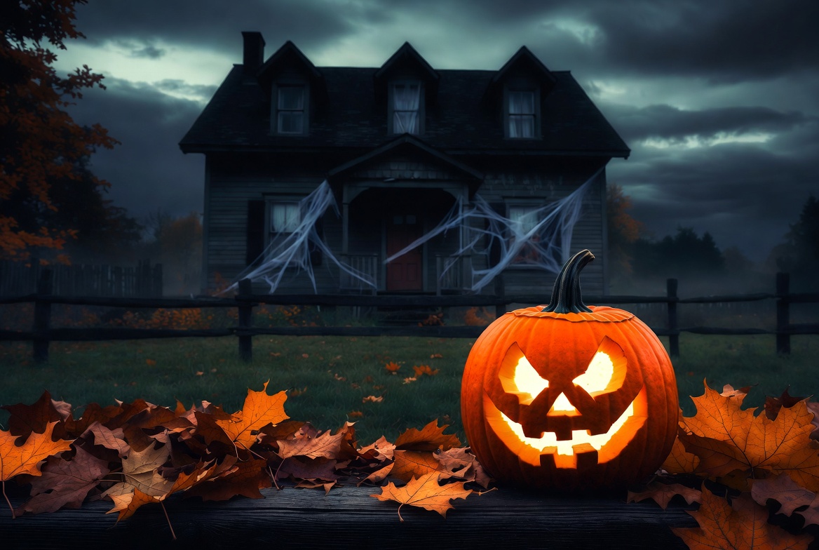 Jack-o'-lantern in front of haunted house Jack-o'-lantern in front of haunted house