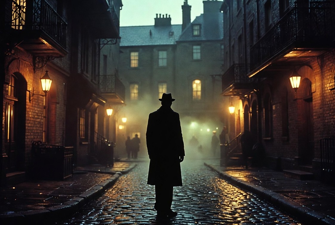 Man in trench coat walking foggy alley Man in trench coat walking foggy alley