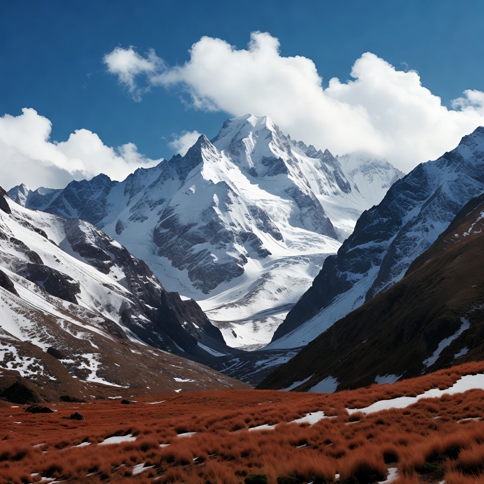 Snowy Mountain Peak with Red Grass Valley Snowy Mountain Peak with Red Grass Valley