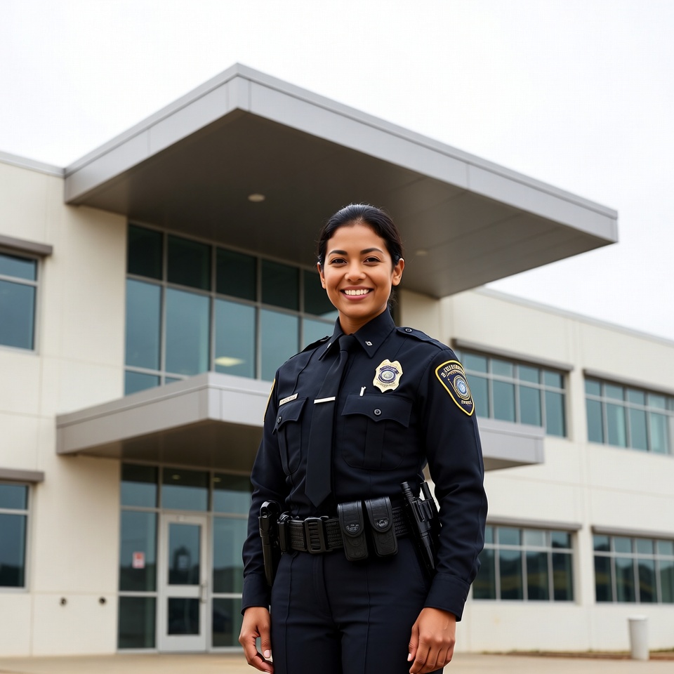 Female police officer in front of building Female police officer in front of building