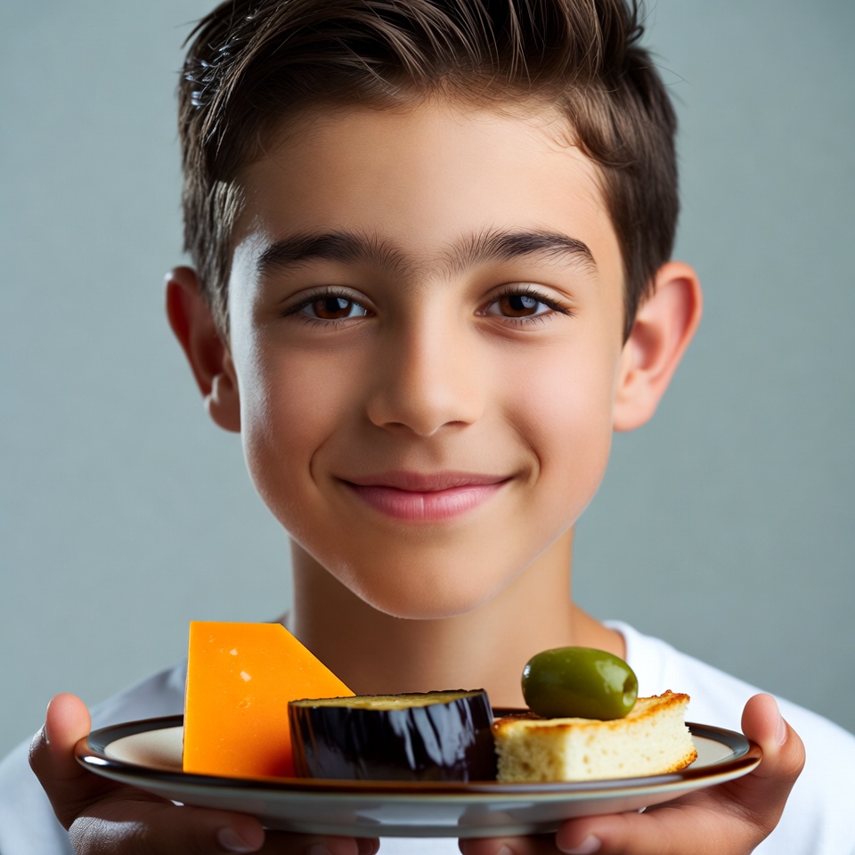 Boy holding plate with cheese eggplant cake Boy holding plate with cheese eggplant cake