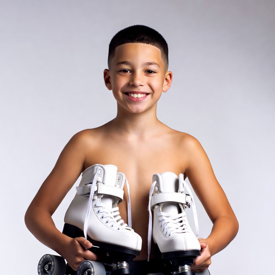 Boy holding white roller skates Boy holding white roller skates