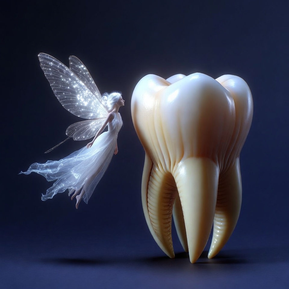Fairy flying near giant tooth Fairy flying near giant tooth