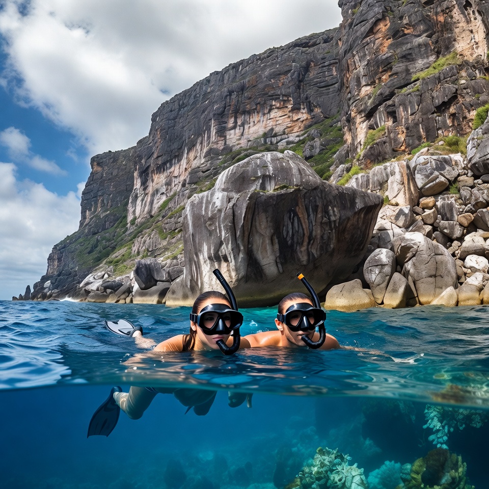 Couple Snorkeling Near Cliff with Coral Reef Couple Snorkeling Near Cliff with Coral Reef