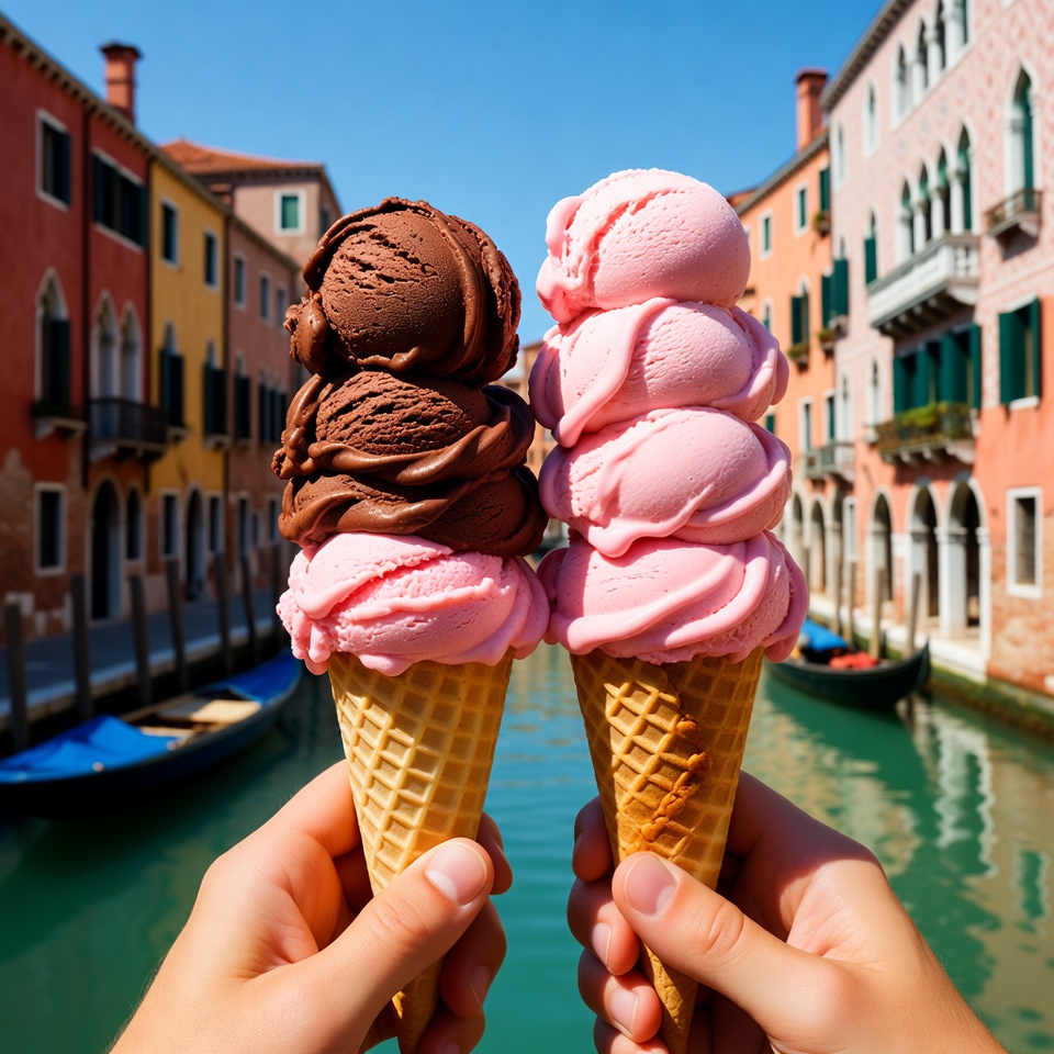 Hands Holding Chocolate and Strawberry Ice Cream Cones Venice Hands Holding Chocolate and Strawberry Ice Cream Cones Venice