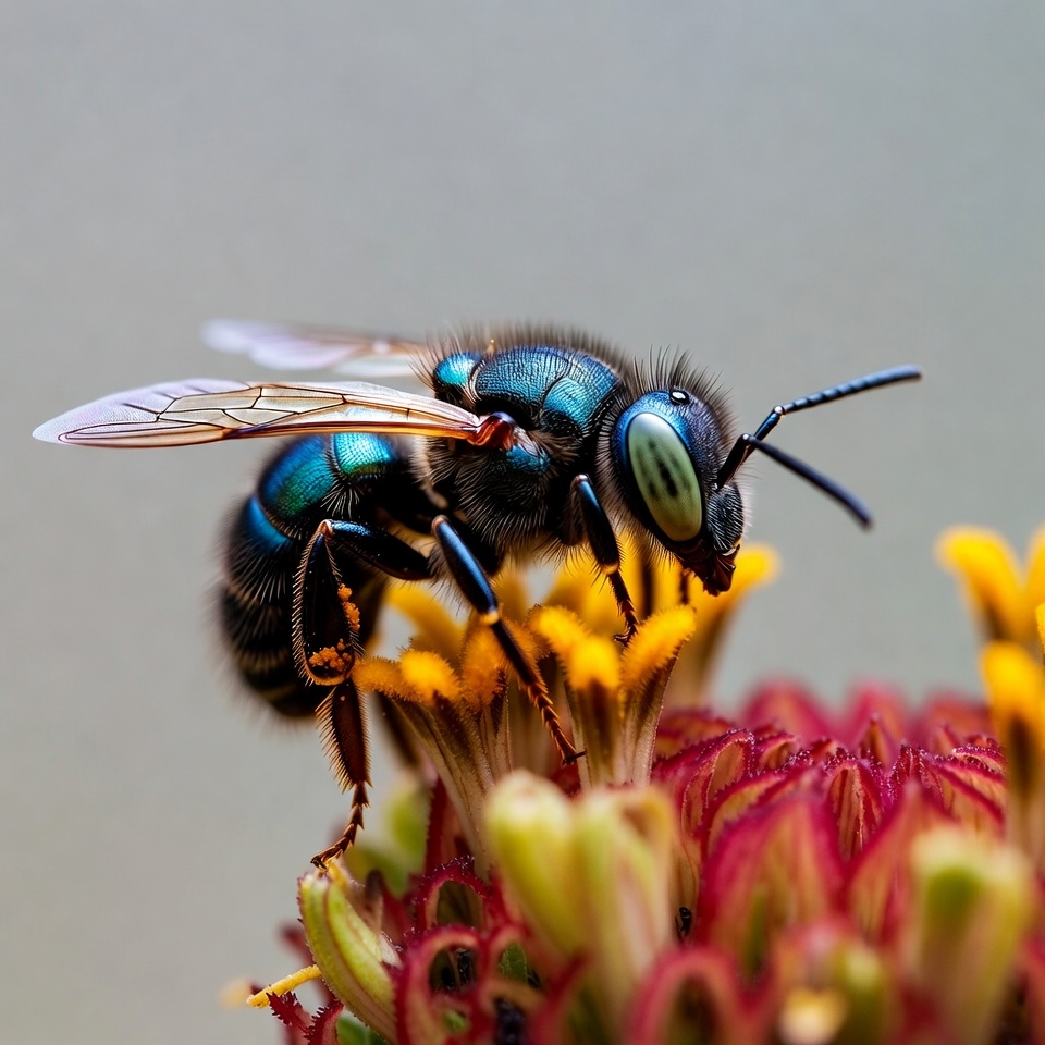 Blue Metallic Bee on Flower Blue Metallic Bee on Flower