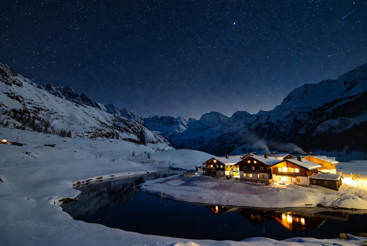 Swiss Chalet Village Under Starry Night Sky Swiss Chalet Village Under Starry Night Sky