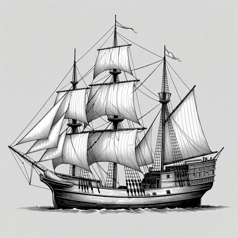 Sailing Ship Illustration on Sea Sailing Ship Illustration on Sea
