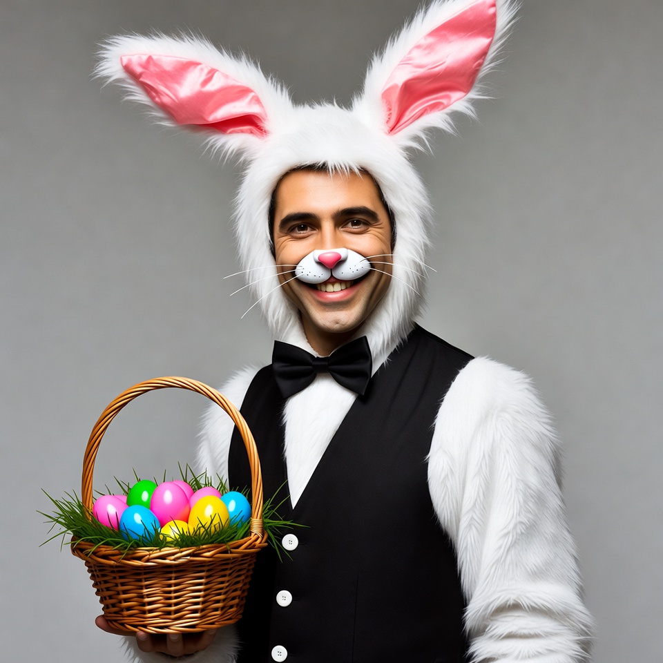 Man in bunny costume holding Easter basket Man in bunny costume holding Easter basket