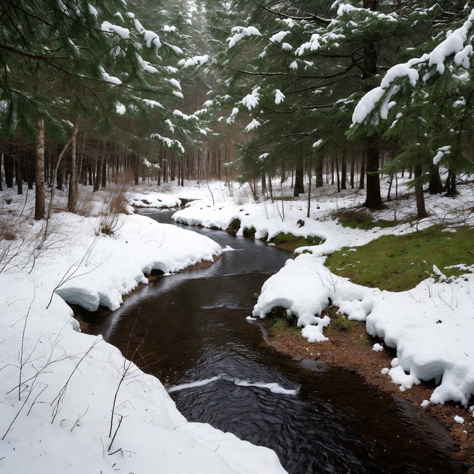 Snowy Forest with Winding Stream Snowy Forest with Winding Stream