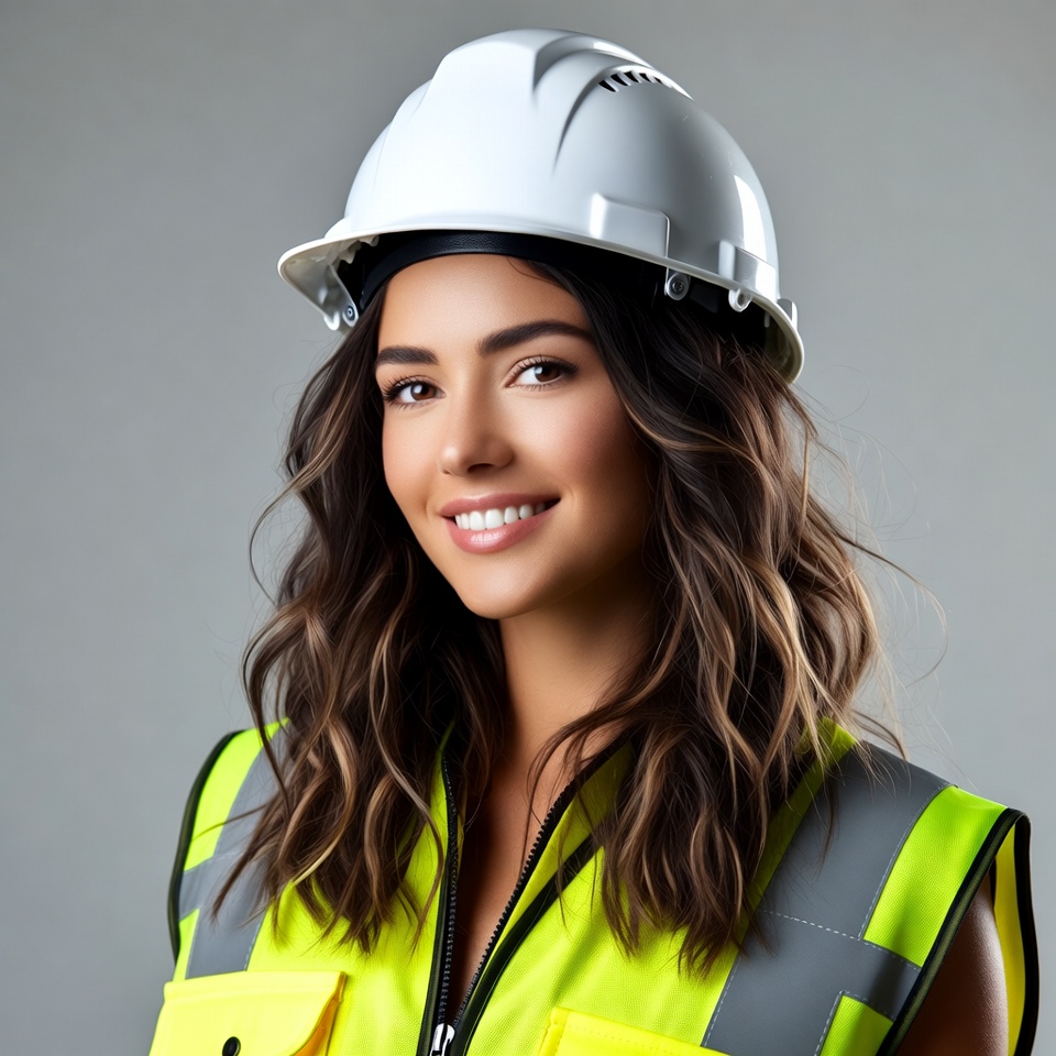 Smiling woman in hard hat and vest Smiling woman in hard hat and vest