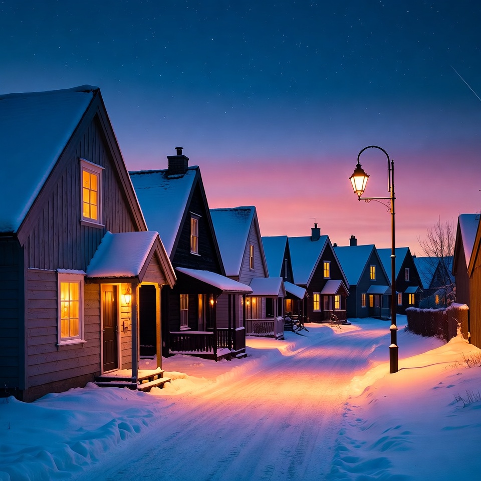Snowy village houses at night Snowy village houses at night