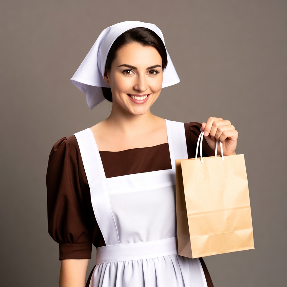 Woman in nurse uniform holding paper bag Woman in nurse uniform holding paper bag