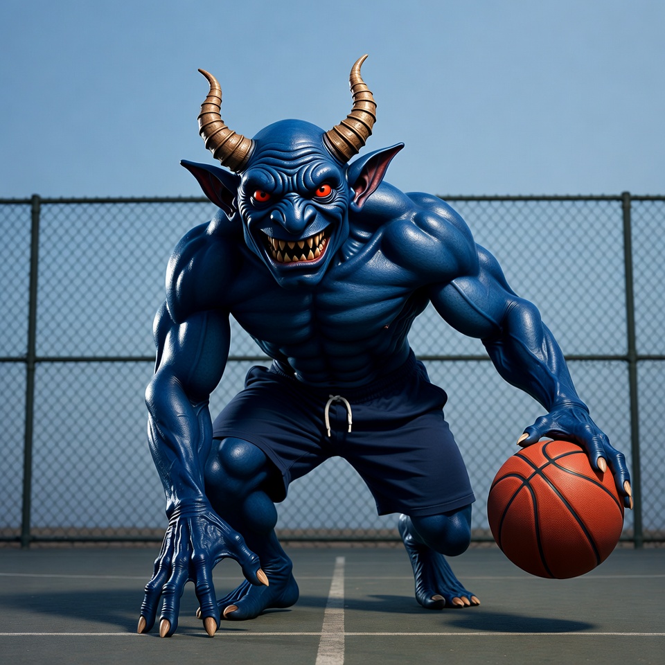 Blue muscular demon holding basketball Blue muscular demon holding basketball