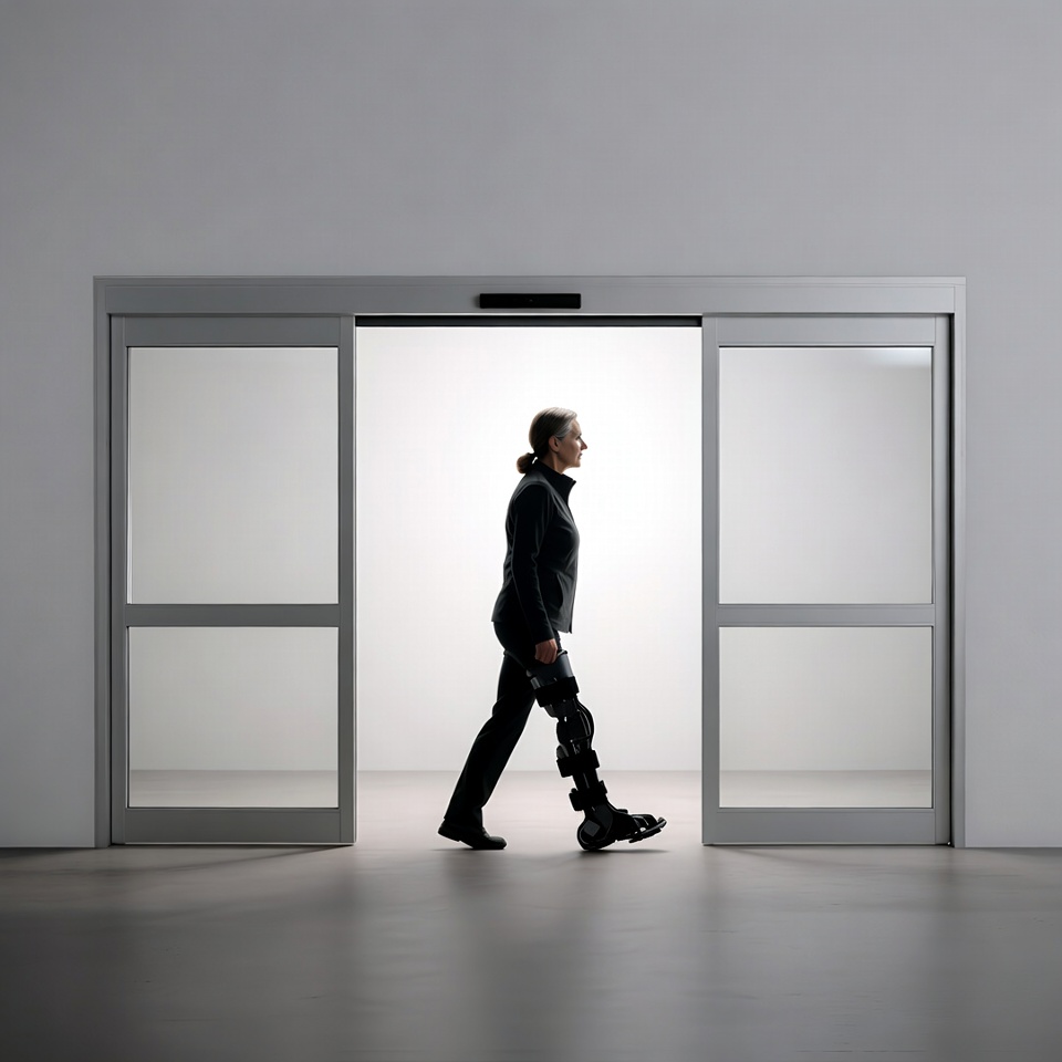 Woman walking through door with leg brace Woman walking through door with leg brace