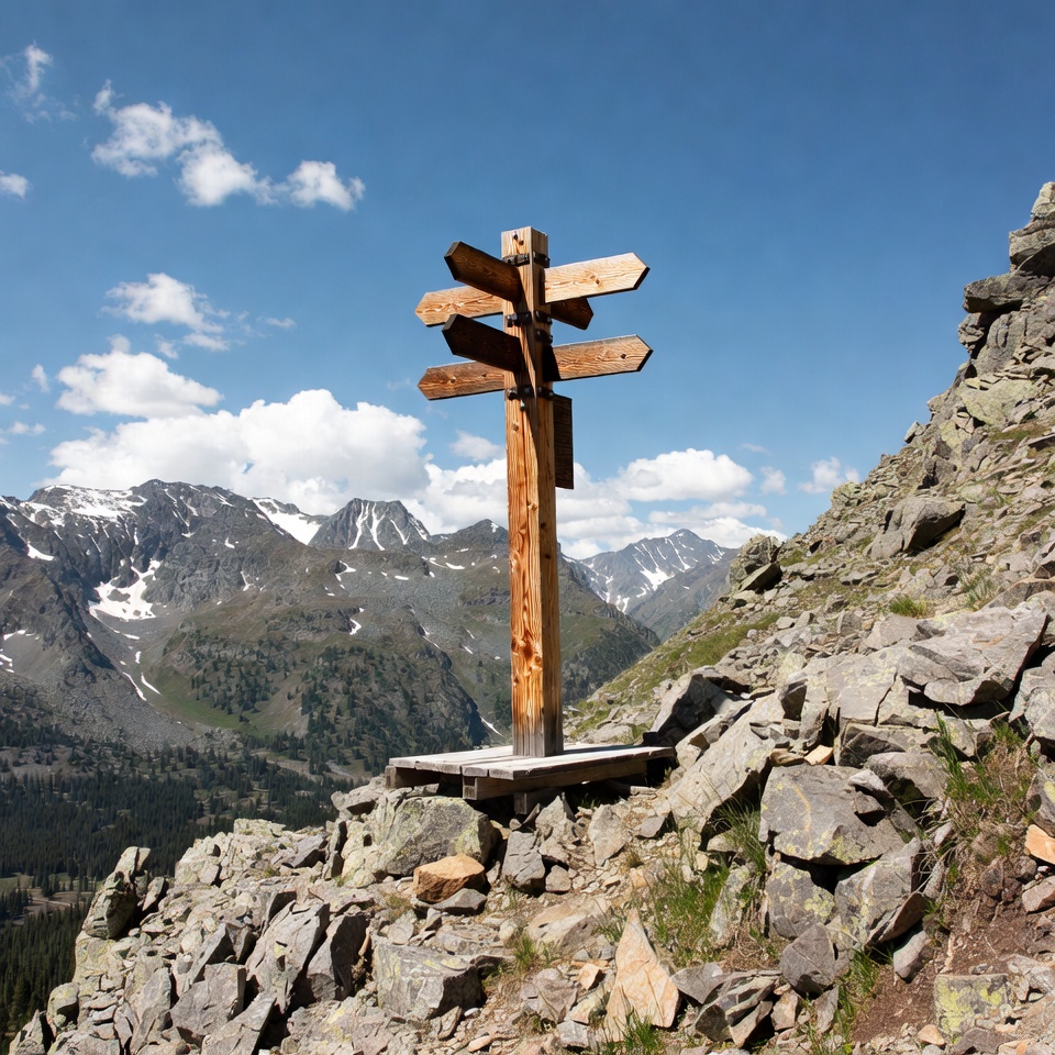 Wooden Trail Signpost in Mountains Wooden Trail Signpost in Mountains
