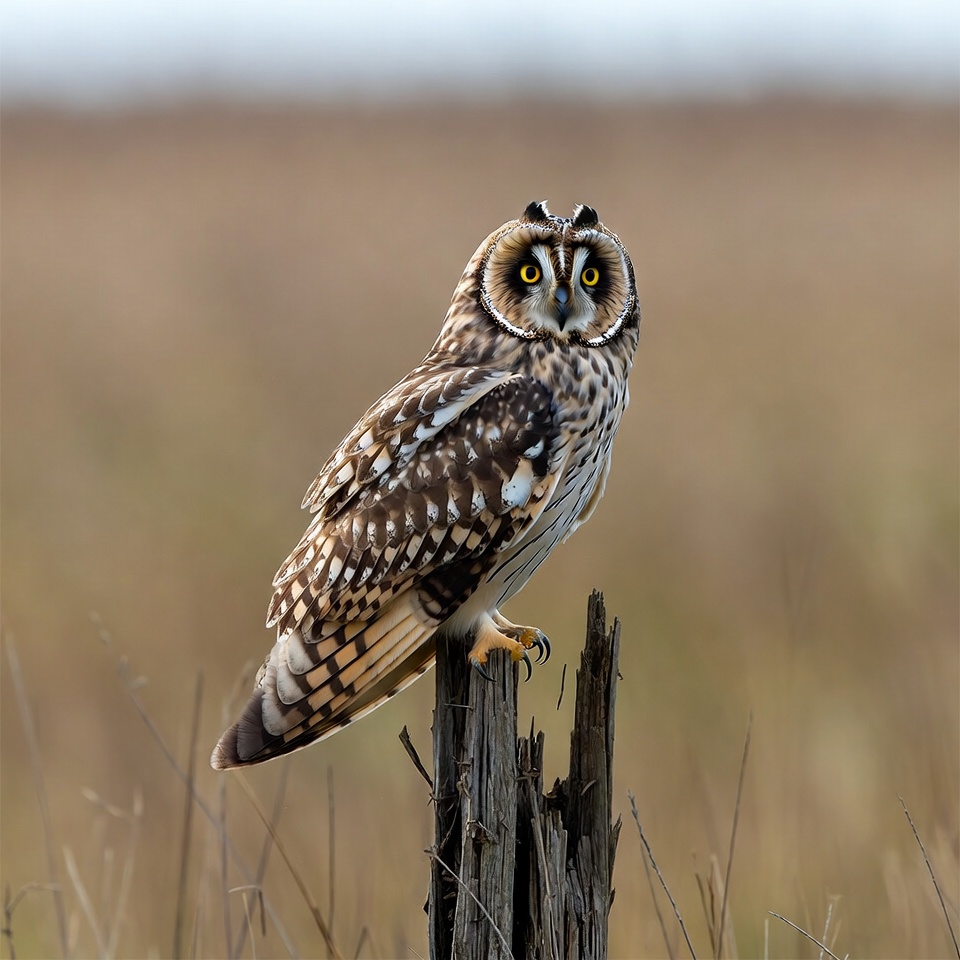 Short-eared owl perched on stump Short-eared owl perched on stump