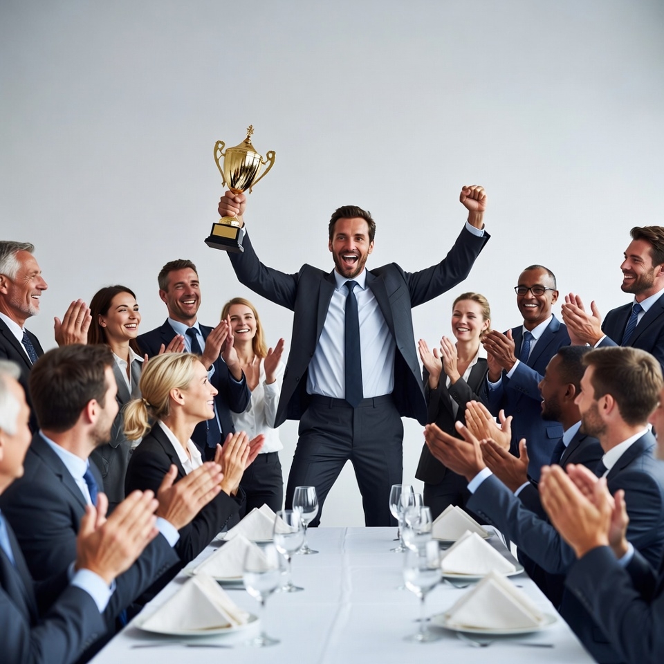 Man holding trophy celebrated by business team Man holding trophy celebrated by business team