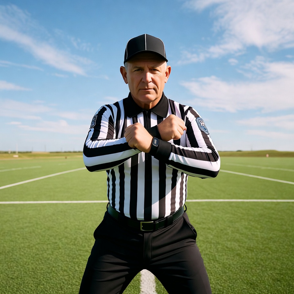Male referee arms crossed on field Male referee arms crossed on field