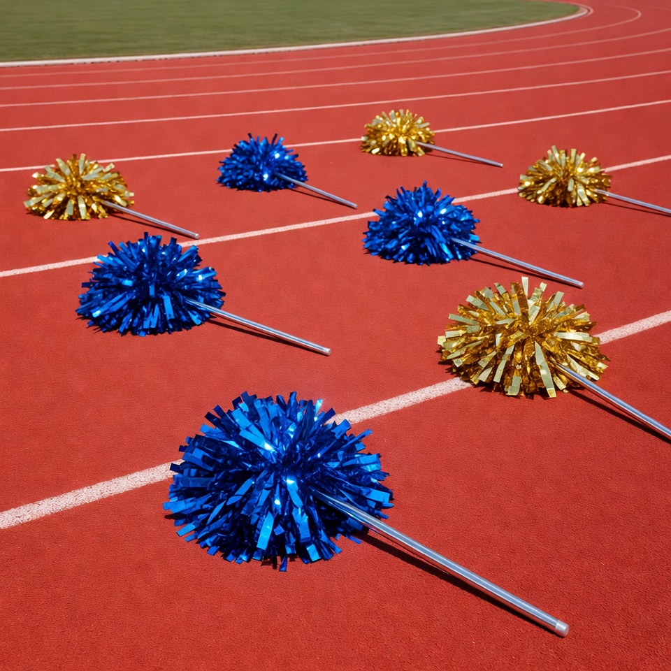 Blue and Gold Pom Poms on Track Blue and Gold Pom Poms on Track