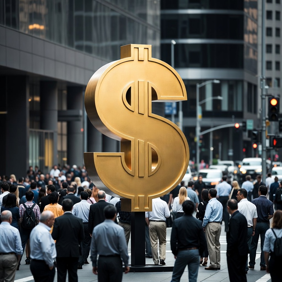 Giant Golden Dollar Sign Urban Crowd Giant Golden Dollar Sign Urban Crowd