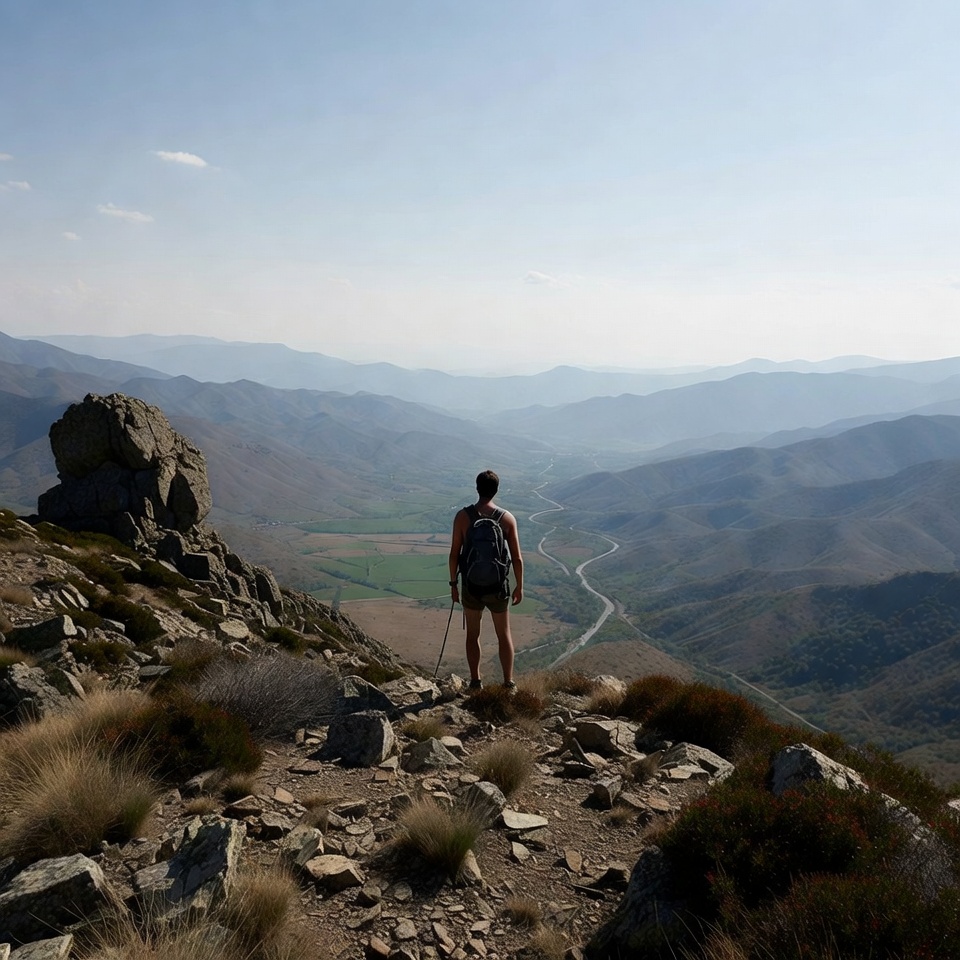 Man hiking on mountain summit Man hiking on mountain summit