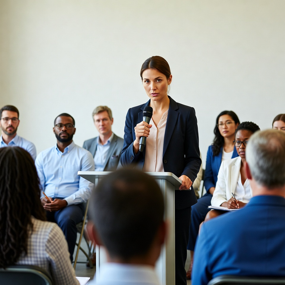 Woman speaking at podium with audience Woman speaking at podium with audience