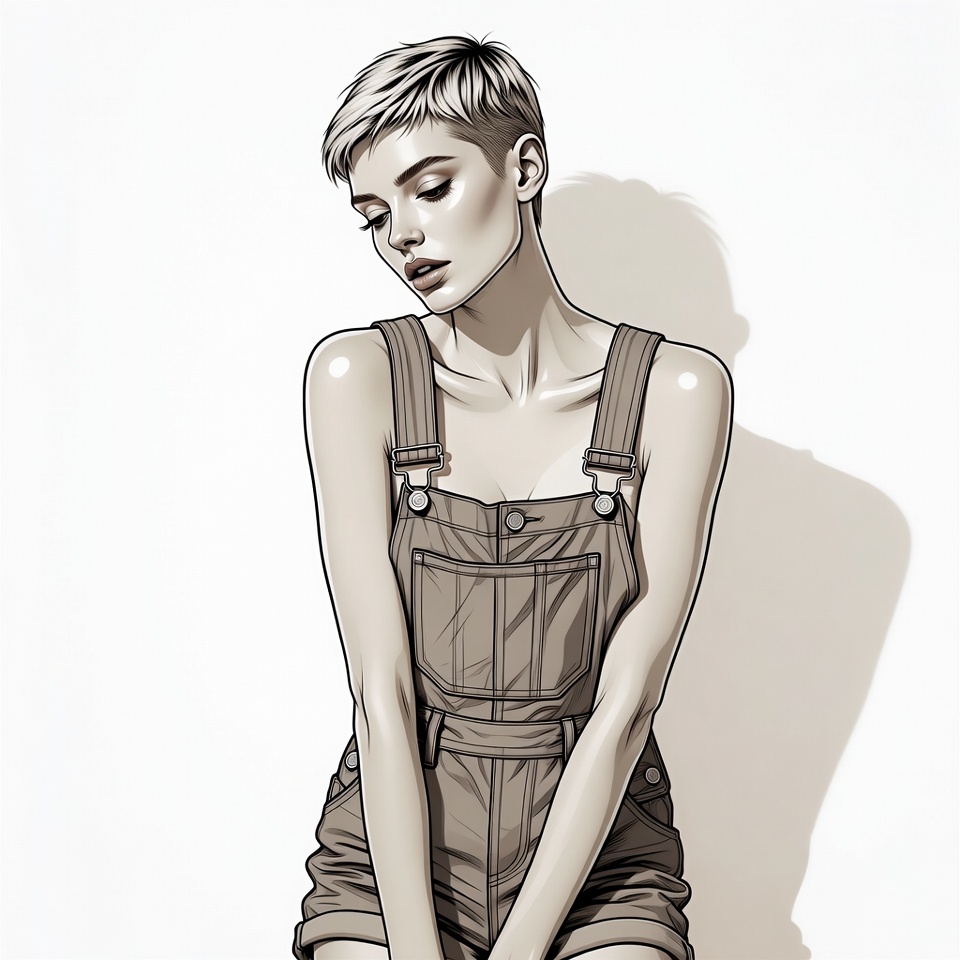 Woman in short denim overalls Woman in short denim overalls