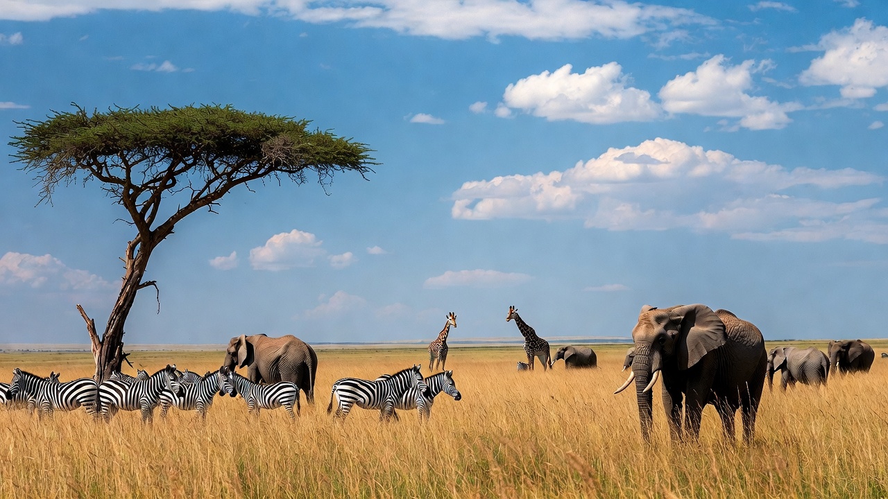 African savanna with zebras elephants giraffes African savanna with zebras elephants giraffes